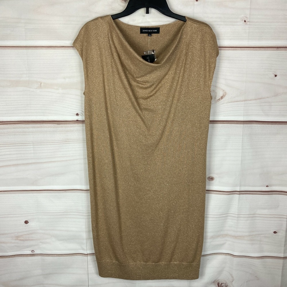 Jones New York Dress Womens S Gold Cap Sleeve Sweater Cowl Neck Sparkle Knit